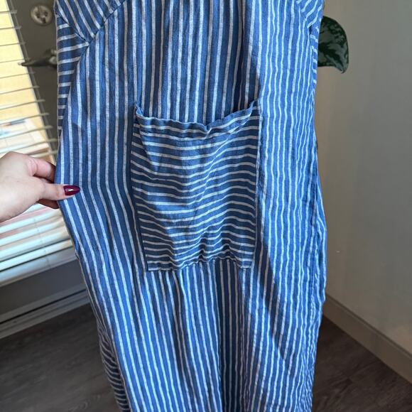 Unisono Blue White Striped Dress Women Large Lagenlook Pocket Artsy Boho Maxi - Picture 4 of 7
